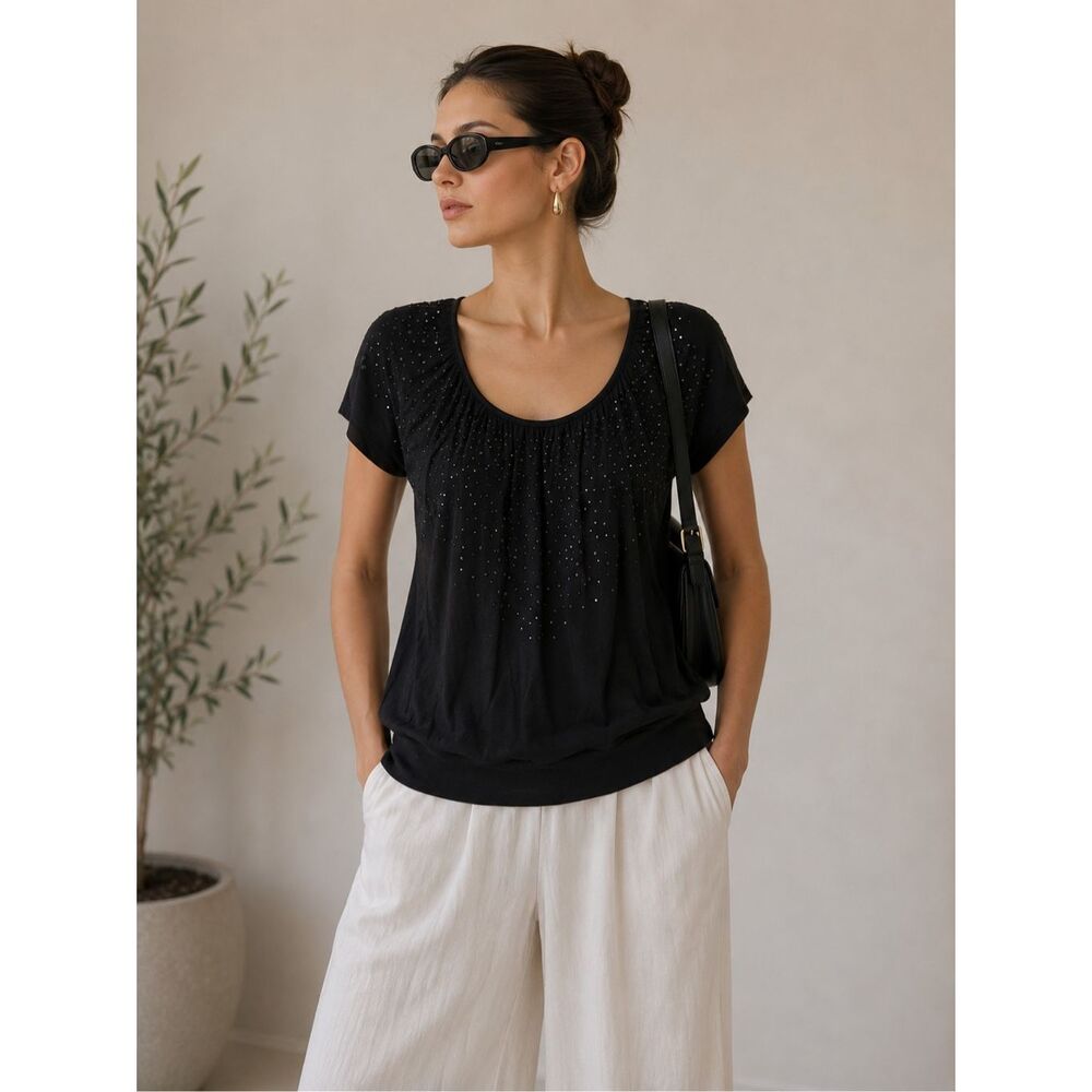 Your Sixth Sense Black Rhinestone Embellished Scoop Neck Top Blouse Size L